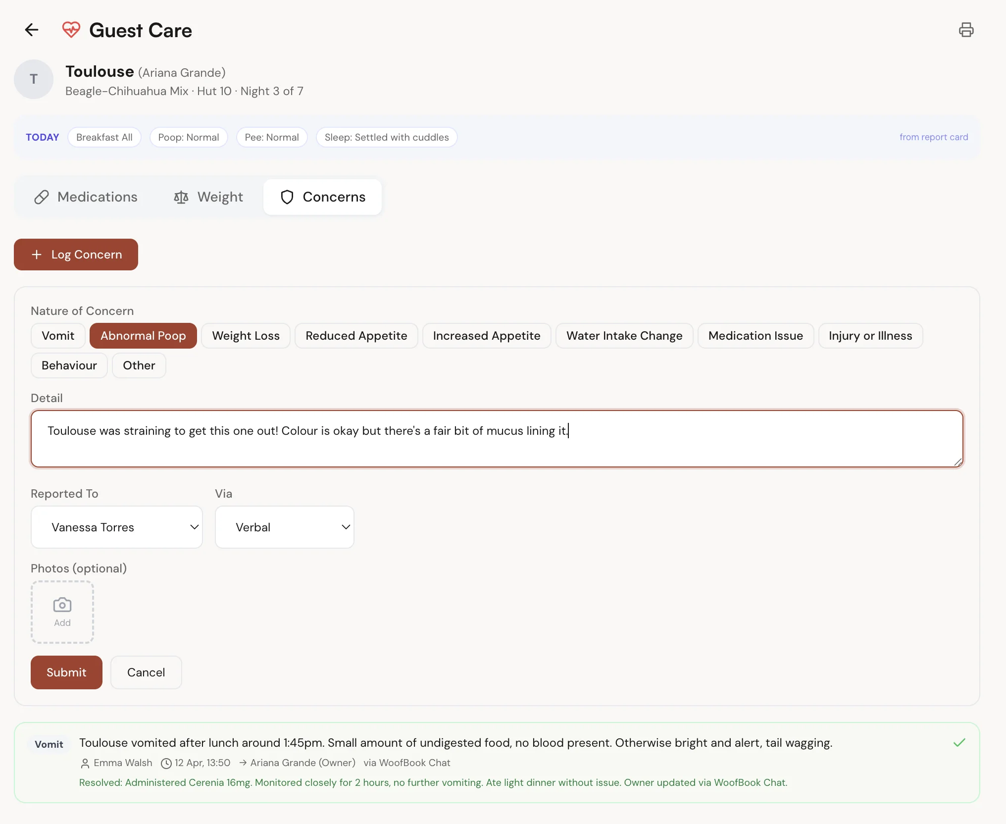 WoofBook Concerns log