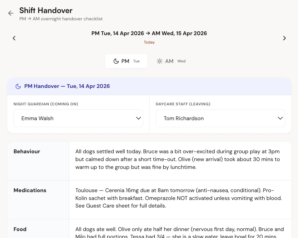 WoofBook manual shift handover