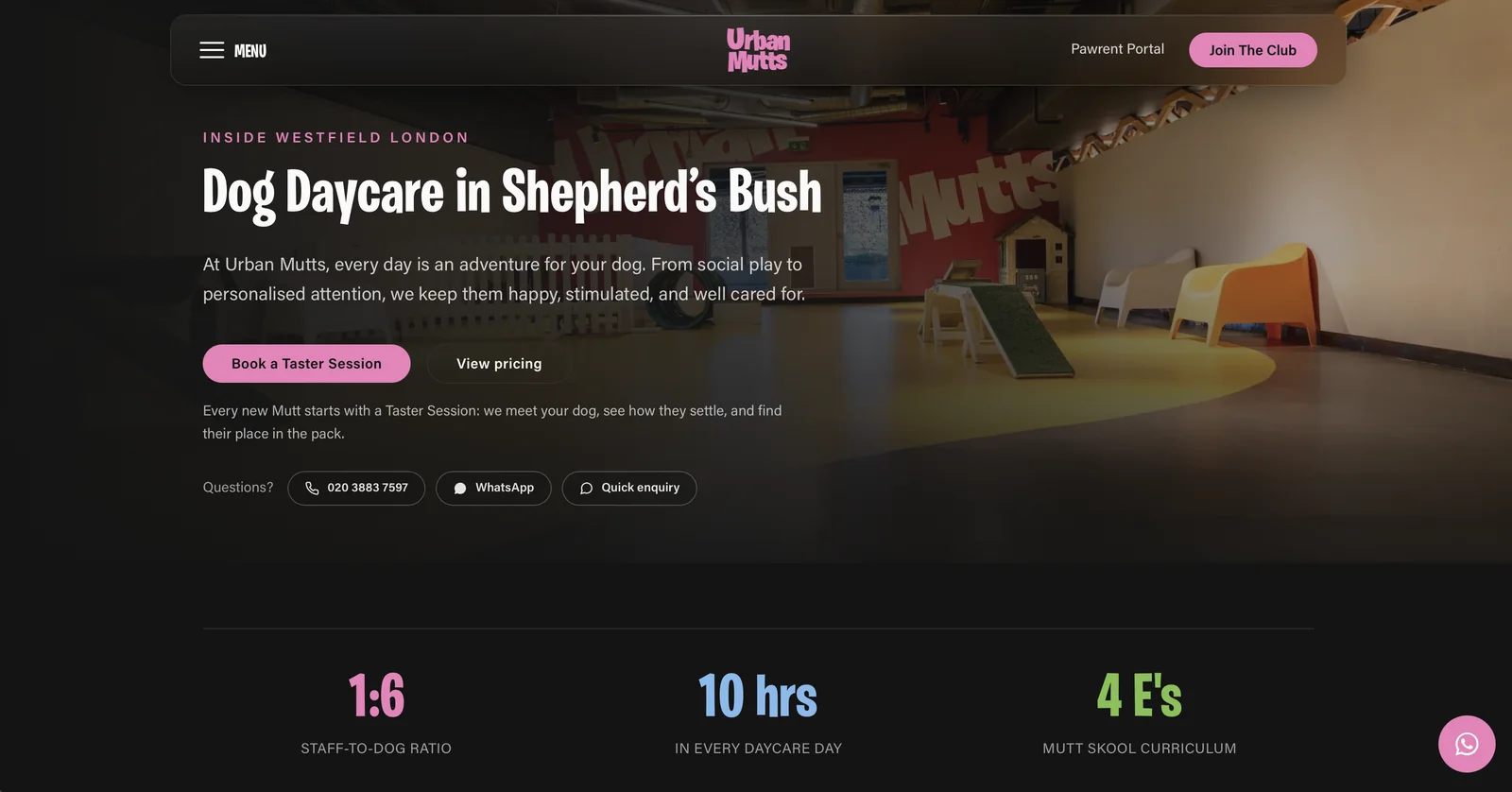 The Urban Mutts daycare page, built and looked after by WoofBook